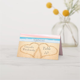 シック赤面ピンクパープルビーチ結婚式2ハートサンド プレイスカード