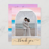 シック赤面ピンクパープル熱帯ビーチフォトアーチ サンキューカード (正面/裏面)