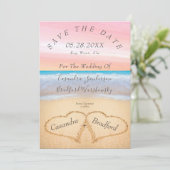 シック赤面ピンクビーチ結婚式ハートス結婚サンド 招待状 (スタンド正面)