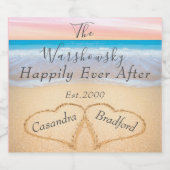 シック赤面ピンクビーチ結婚式2ハートサンドスパークリ スパークリングワインラベル (シングルラベル)