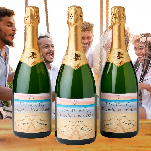 シック赤面ピンクビーチ結婚式2ハートサンドスパークリ スパークリングワインラベル
