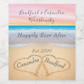 シック赤面ピンクビーチ結婚式2ハートサンド ワインラベル (シングルラベル)