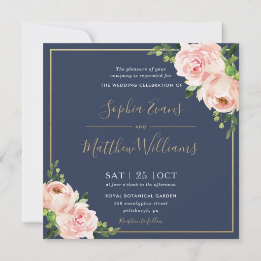 シック赤面ピンクフローラグリーナリーネイビー結婚ズ 招待状 (正面)