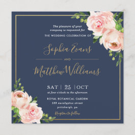 シック赤面ピンクフローラグリーナリーネイビー結婚ズ 招待状