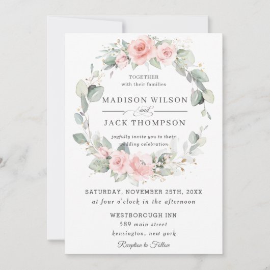 シック赤面ピンクフローラグリーナリーリース結婚ズ 招待状 (正面)