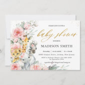 シック赤面ピンクフローラジャングル動物のベビーシャワー 招待状 (正面)