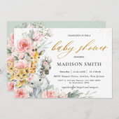 シック赤面ピンクフローラジャングル動物のベビーシャワー 招待状 (正面/裏面)