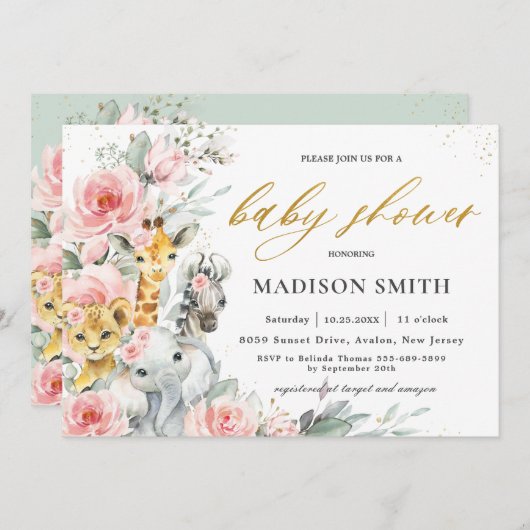 シック赤面ピンクフローラジャングル動物のベビーシャワー 招待状 (正面/裏面)