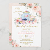 シック赤面ピンクフローラティーパーティーブライダルシャワー 招待状 (正面/裏面)