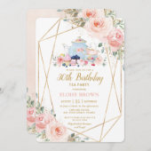 シック赤面ピンクフローラハイティーバースデーパーティー 招待状 (正面/裏面)