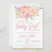 シック赤面ピンクフローラベビーシャワーミントベビーガール 招待状 (正面)