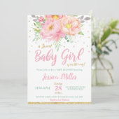 シック赤面ピンクフローラベビーシャワーミントベビーガール 招待状 (スタンド正面)