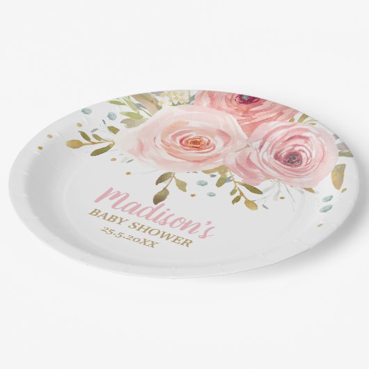 シック赤面ピンクフローラベビーシャワー誕生日パーティー ペーパープレート (アングル)