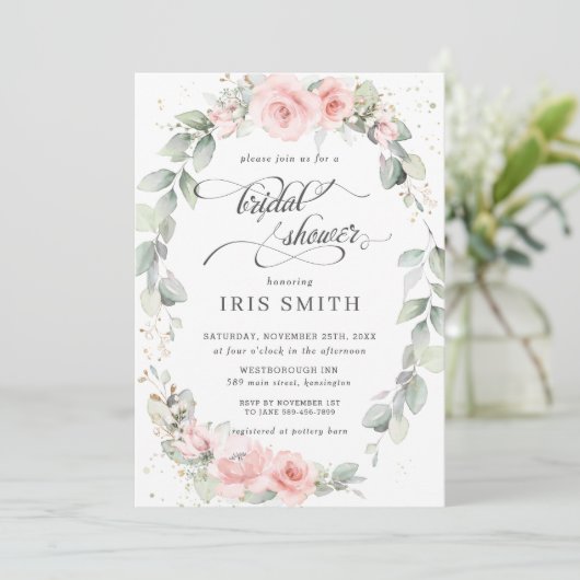 シック赤面ピンクフローラリーフリースブライダルシャワー 招待状 (スタンド正面)