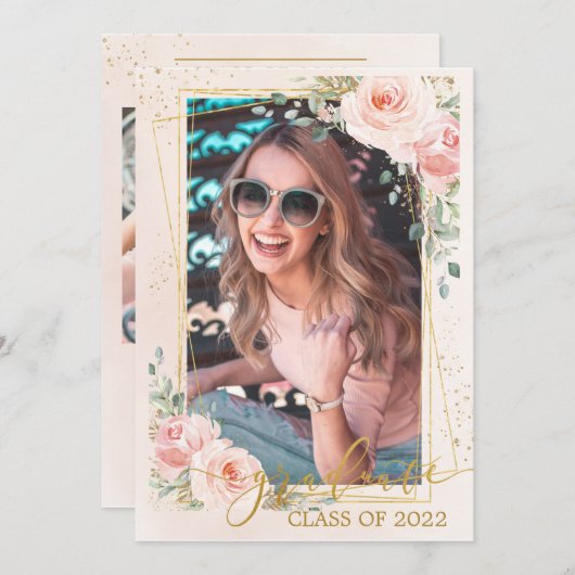 シック赤面ピンクフローラ卒業写真写真 案内状 (正面/裏面)