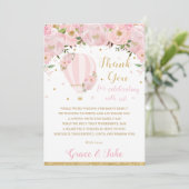 シック赤面ピンクフローラ温風気球ベビーシャワー サンキューカード (スタンド正面)