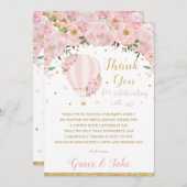 シック赤面ピンクフローラ温風気球ベビーシャワー サンキューカード (正面/裏面)