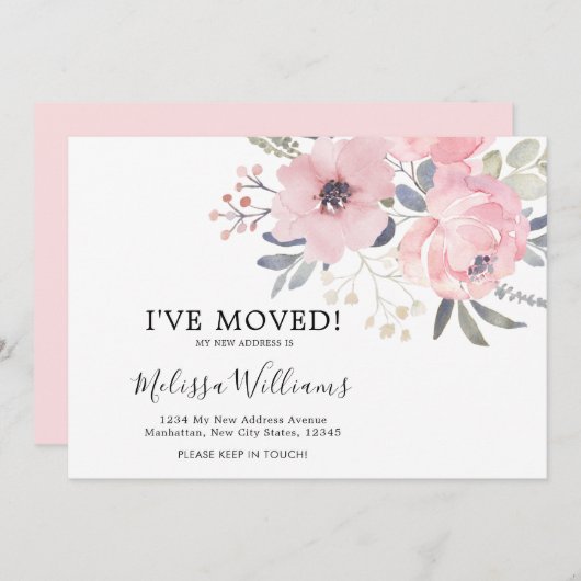 シック赤面ピンクフローラ移動告知カード 案内状 (正面/裏面)