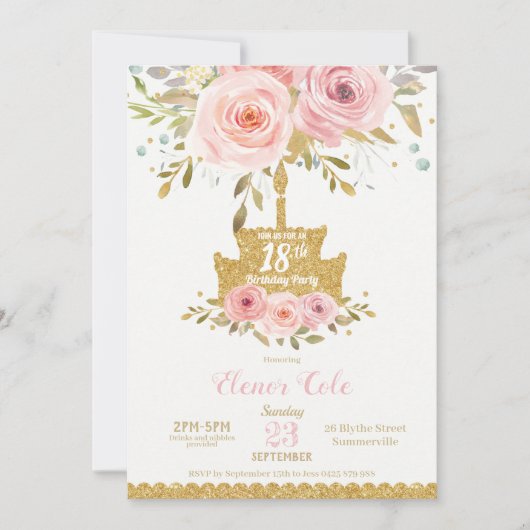 シック赤面ピンクフローラ18お誕生日ケーキ 招待状 (正面)