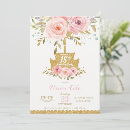 シック赤面ピンクフローラ18お誕生日ケーキ 招待状 (スタンド正面)