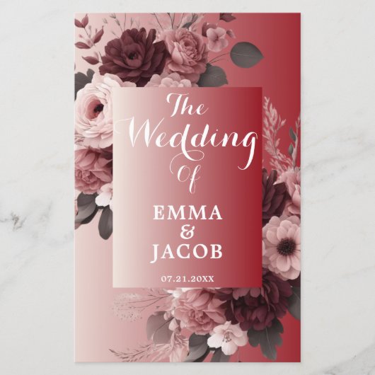 シック赤面ピンクブルゴーニュフローラ結婚式 プログラム (正面)