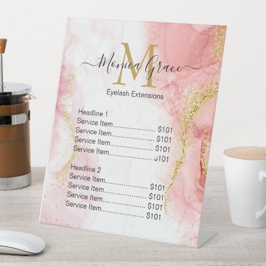 シック赤面ピンクマーブル金ゴールドグリッターアゲートモノグラム 台座サイン (インサイチュ)