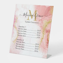 シック赤面ピンクマーブル金ゴールドグリッターアゲートモノグラム 台座サイン