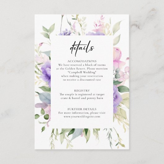 シック赤面ピンクラベンダープオーニー詳細結婚ズ エンクロージャーカード (正面)