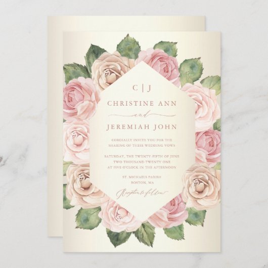 シック赤面ピンクローズウォーターフローラ結婚ズ 招待状 (正面/裏面)