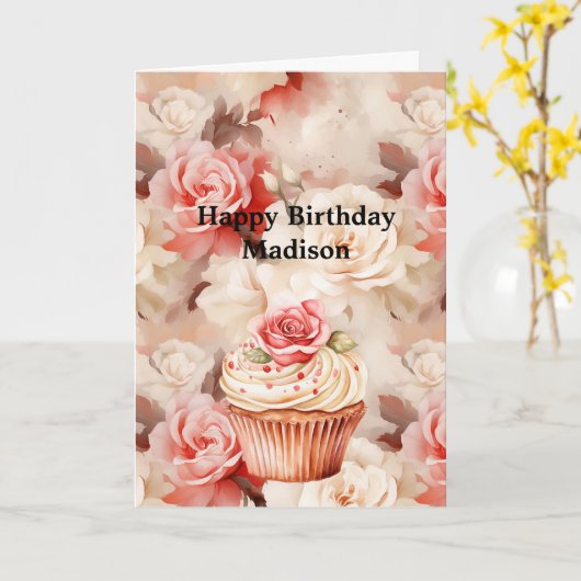 シック赤面ピンクローズカップケーキ誕生日 カード (黄色い花)