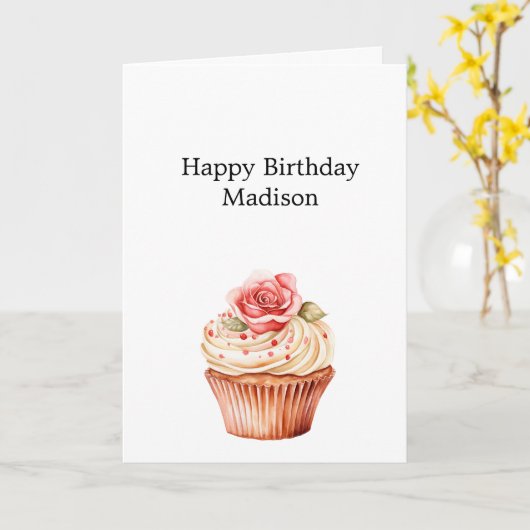 シック赤面ピンクローズフローラカップケーキ誕生日 カード (黄色い花)