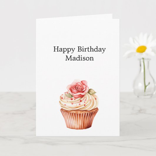 シック赤面ピンクローズフローラカップケーキ誕生日 カード (小さな植物)