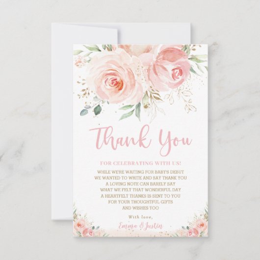 シック赤面ピンクローズフローラ金ゴールドガールベビーシャワー サンキューカード (正面)