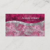 シック赤面ピンク明るい赤紫色グリッター葉モノグラム 名刺 (正面)