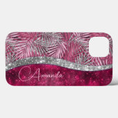 シック赤面ピンク明るい赤紫色グリッター葉モノグラム Case-Mate iPhoneケース (裏面 (横))