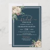 シック赤面ピンク花模様&ネイビーブライダルシャワー 招待状 (正面)