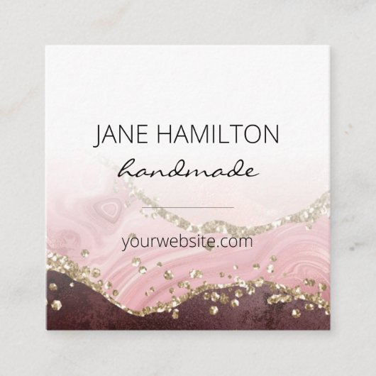 シック赤面ピンク金ゴールドグリッターアゲート スクエア名刺 (正面)