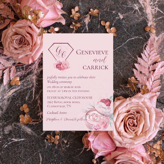 シック赤面ピンク&クリムゾンレッド結婚式招待状 招待状