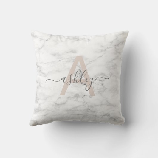 シック赤面ピンク&グレーマーブルネームモノグラム クッション (裏面)