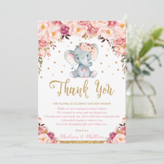 シック赤面フローラエレファントベビージャーシャワー誕生日 サンキューカード (スタンド正面)