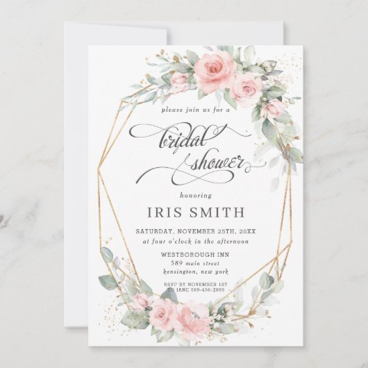 シック赤面フローラグリーナリーブライダルシャワー幾何学的 招待状 (正面)