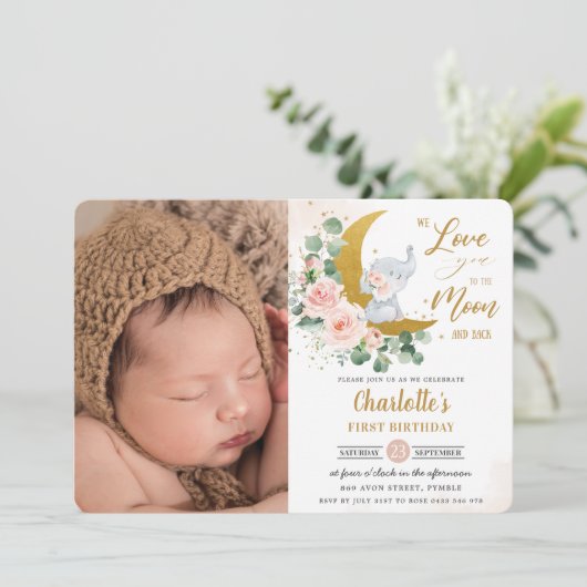 シック赤面フローラゾウ1stバースデームーンフォト 招待状 (スタンド正面)