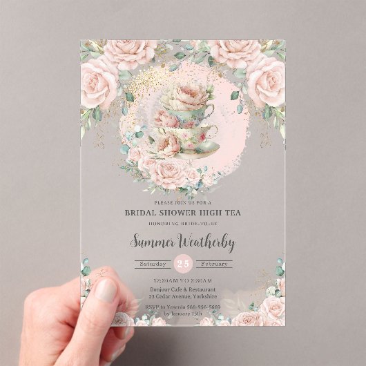 シック赤面フローラハイティーパーティーブライダルシャワー アクリル招待状 (インサイチュ (ポータブル))