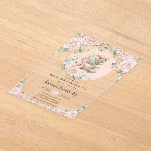 シック赤面フローラハイティーパーティーブライダルシャワー アクリル招待状 (レイダウン)