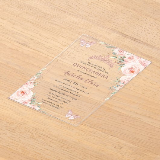 シック赤面フローラバラ金ゴールドバタフライキンセアニラ アクリル招待状 (レイダウン)