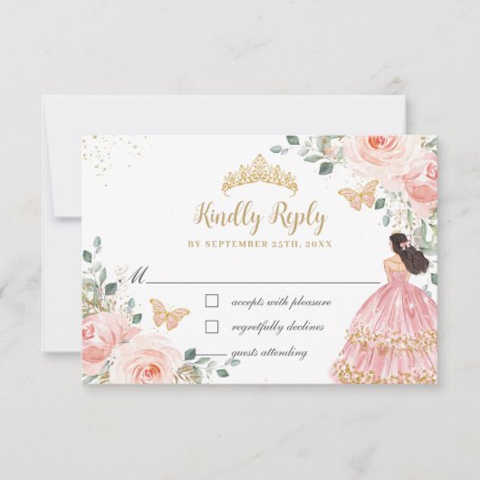 シック赤面フローラプリンセスキンセアニラ金ゴールドクラウン 出欠カード (正面)