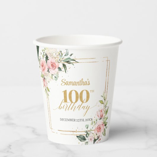 シック赤面フローラユーカリ金ゴールド100歳の誕生日 紙コップ (正面)