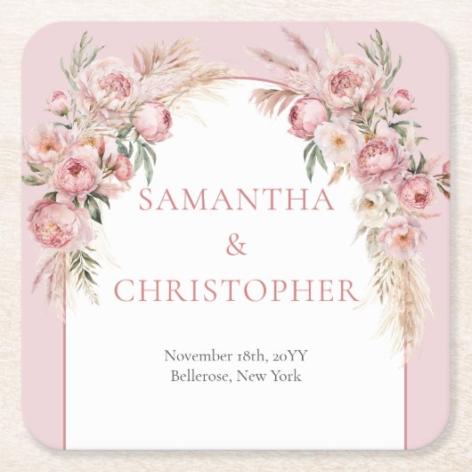 シック赤面プアニスパンパスボホアーチユーカリ スクエアペーパーコースター (正面)