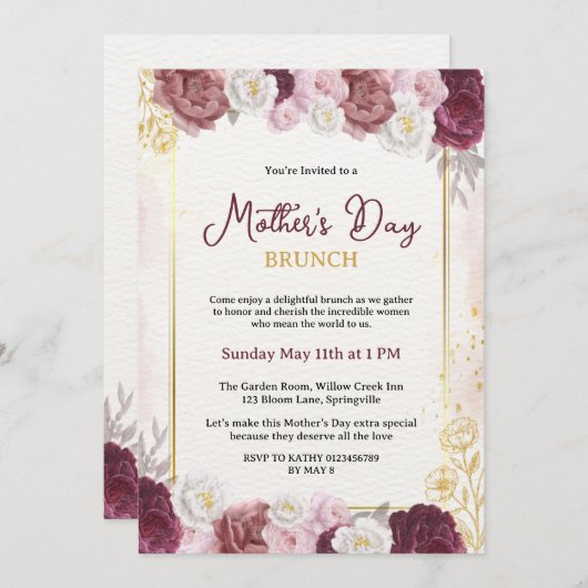 シック赤面ボタニカルフローラマザーズデイブランチ 招待状 (正面/裏面)