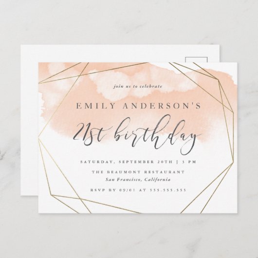 シック赤面水彩幾何学模様21st誕生日 インビテーションポストカード (正面/裏面)